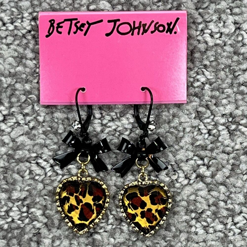Betsey Johnson Earrings Leopard Heart Bow Dangle Drop Women Jewelry